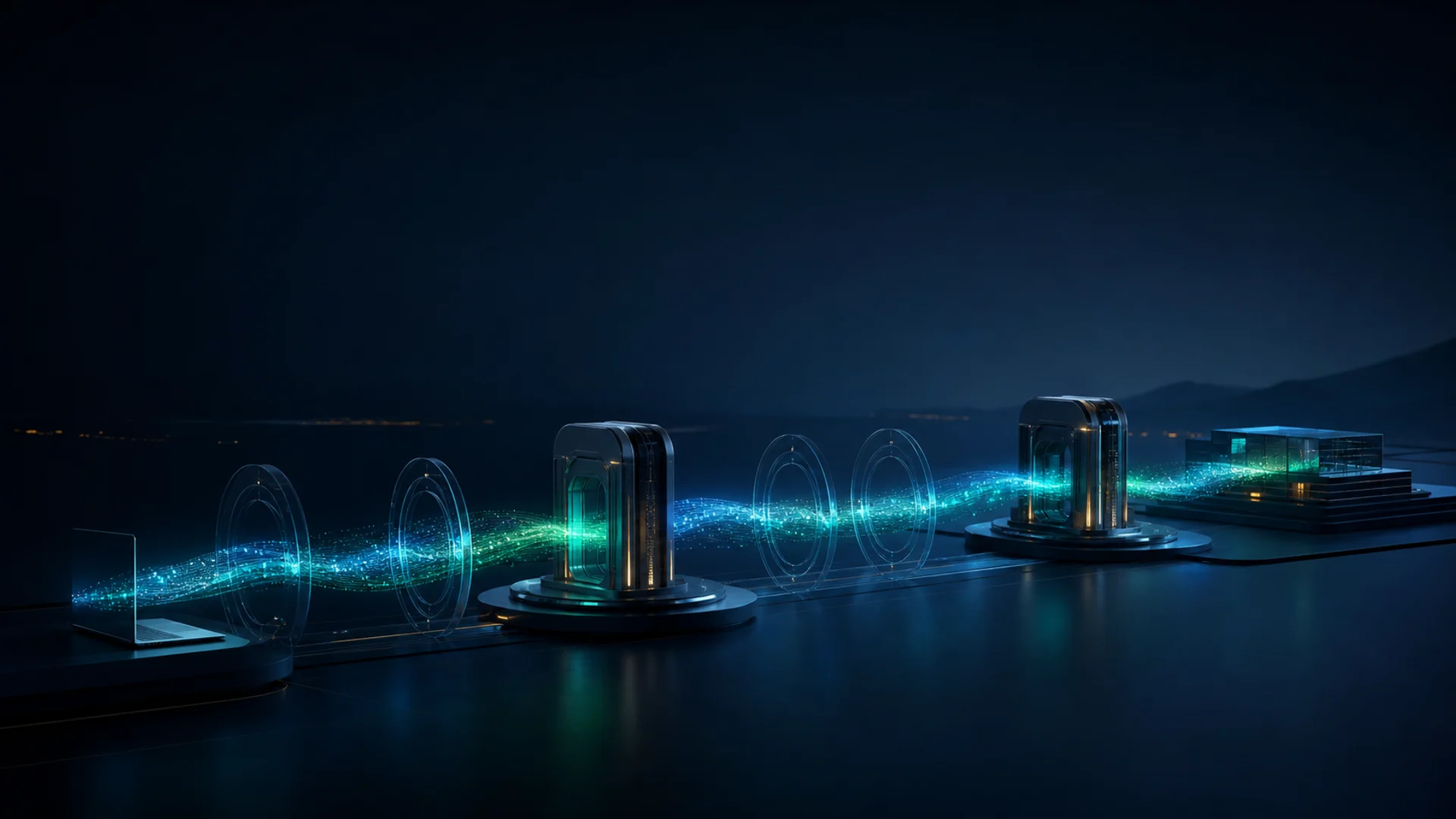 A protected information journey rendered as a luminous data stream travelling from a laptop, through a sequence of ring gateways and two secured relay nodes, to a destination facility.